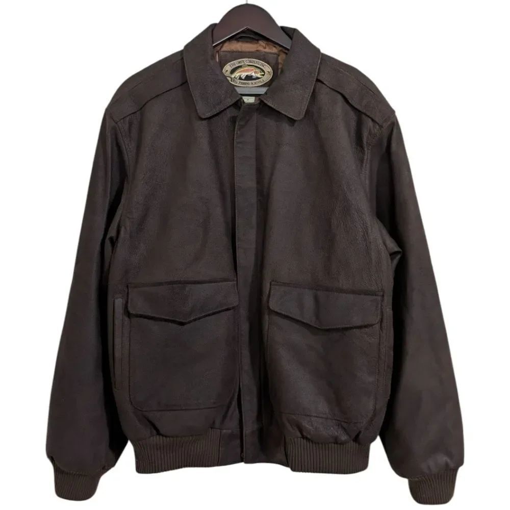 VTG RARE The Orvis Company Inc. Leather Bomber Jacket - Fly Fishing Schools - M